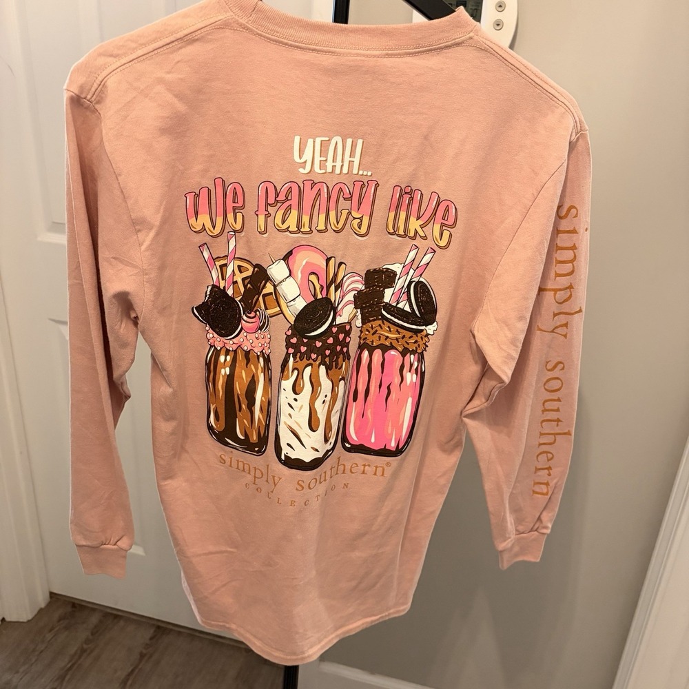 NWT Simply Southern Fancy Like Milkshake Long Sleeve Tee Pink Youth Large